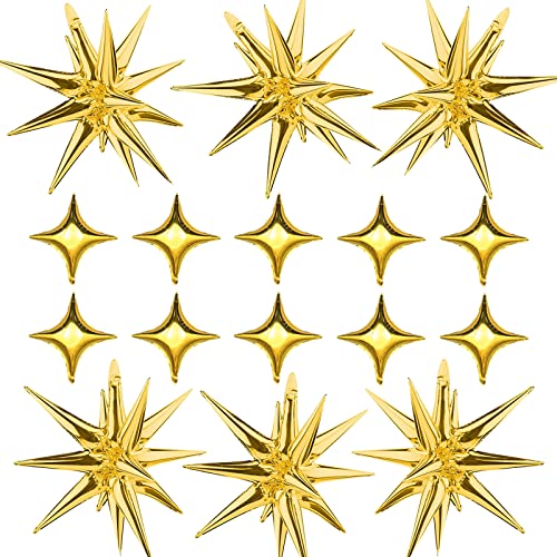 Gold Star Foil Balloons Kit - 6 Pack 12 Point Starburst Cone and Spike Balloons With 10Pcs Four Pointed Stars for Wedding, Baby Shower, Photo Booth, Birthday Party Supplies - style: Gold Star Explosion Balloons