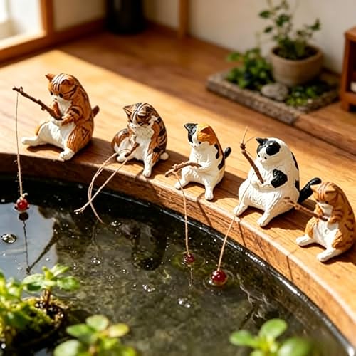 5 Pcs Cute Cat Fishing Figurines, Miniature Resin Ornaments for Fish Tank, Terrarium, Desk, Fairy Garden, Home Decor