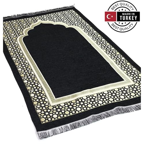 Modefa Turkish Islamic Prayer Mat - Thin Woven Chenille Sajjadah - Intricate Praying Rug Ramadan Eid Gift - Traditional Muslim Janamaz Sajada for Men Women - Geometric Selcuk Star (Black) - color: Black