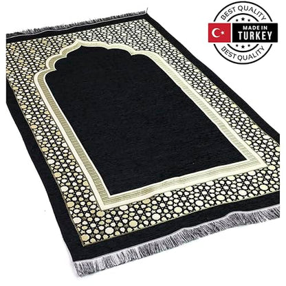 Modefa Turkish Islamic Prayer Mat - Thin Woven Chenille Sajjadah - Intricate Praying Rug Ramadan Eid Gift - Traditional Muslim Janamaz Sajada for Men Women - Geometric Selcuk Star (Black) - color: Black