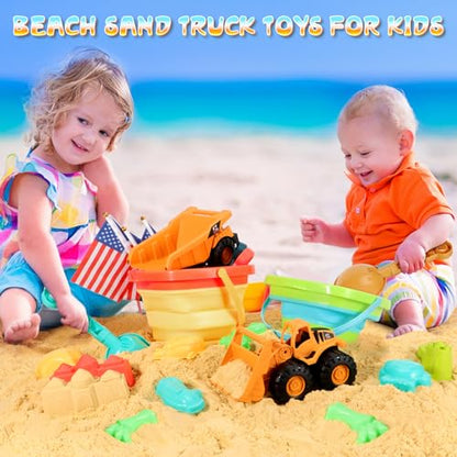 HUITEM Beach Sand Toys for Kids, 29PCS Sandbox Toys with 2 Collapsible Bucket Sand, 2 Dump Truck, Dinosaur Molds, Castle Building Kit, Shovel Sieve,Flags,Mesh Bag Travel Beach Toys for Toddler 3-10