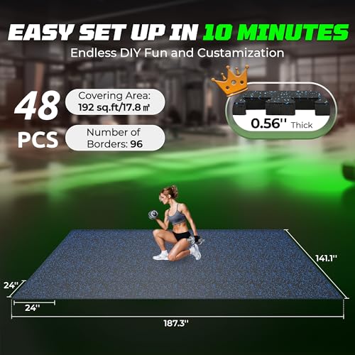 PRAISUN 0.56" Rubber Top Gym Flooring, Heavy Duty Interlocking Gym Mats for Home Gym, Non-Slip Workout Mat, 24 x 24in Large Gym Floor Mat, Protect Floors from Equipment, 192 Sq Ft, Black/Blue - size: 48 Tiles (192 Sq Ft)