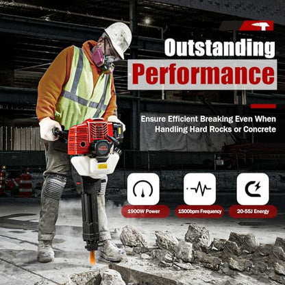 1900W 52CC Gas Powered Demolition Jack Hammer Concrete Breaker, 2 Stroke Air Cooling Gasoline Hammer Drill Tool with 2 Chisels for Building Construction and Ice Breaking Region