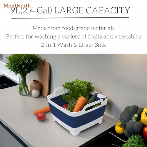 Collapsible Wash Basin 9L, Foldable Dish Tub with Drain Plug, Portable Collapsible Dish Basin, Camping Sink for Washing Dishes, Laundry & Kitchen Use (Navy Blue) - color: Navy blue - Set of 1