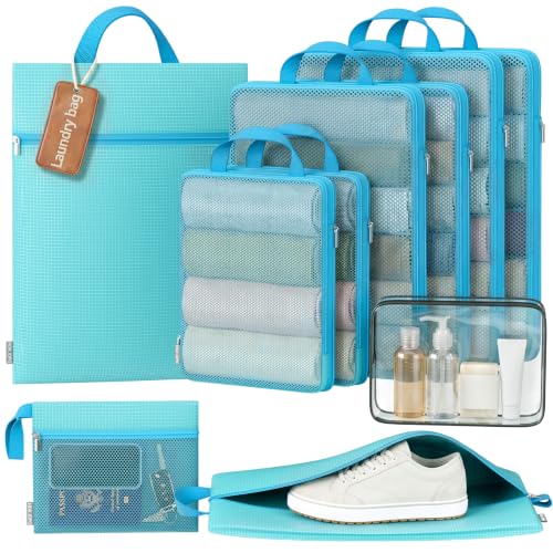 10 Set Compression Packing Cubes for Travel Essentials Suitcase, Mesh Collapsible Packing Cubes for 26 Inch Luggage, Expandable Travel Packing Organizers with Shoe Laundry Bag (Blue, 26") - color: Blue, size: For 26" Luggage