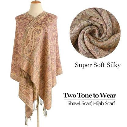 Reversible Paisley Pashmina Rave Scarf Shawl-Soft Silky Pashmina Wraps for Women Evening Dresses - color: B#.rubber Red