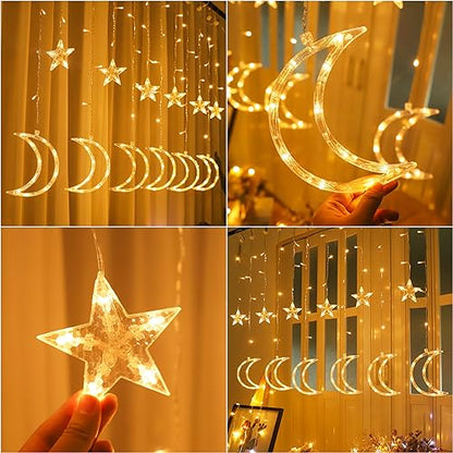 LED Moon Star Curtain String Lights, 138 LED USB Powered Fairy Hanging Lights with 8 Lighting Modes 6-Hour Timer Waterproof for Bedroom Wall Window Christmas Decoration (Moon) - style: Moon