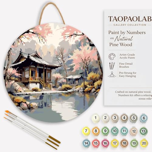 Oriental Garden Paint by Numbers Kit for Adults on Wood Board – DIY Cherry Blossom Pavilion by Pond Wood Craft Painting Kit, 12 in Round, Acrylic Paint Set, Beginner-Friendly, Relaxing Home Decor Gift - color: FM04665