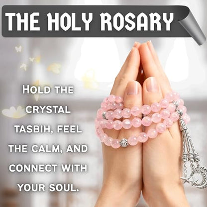 Amazing Gemstone Rose Quartz Tasbeeh with Moon and Star Charm - Certified Crystal Muslim Prayer Beads Natural Gemstone Tasbih Gift for Ramadan Dhikr and Daily Namaz (S) - color: Rose Quartz