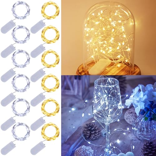WATERGLIDE 12 Pack Fairy Lights Battery Operated (Included), 7 ft 20 LED Mini String Lights, Waterproof Silver Wire Firefly Starry Light for DIY Wedding Christmas Party Decor, 6 Warm White & 6 White - color: 6 Warm White & 6 Cool White