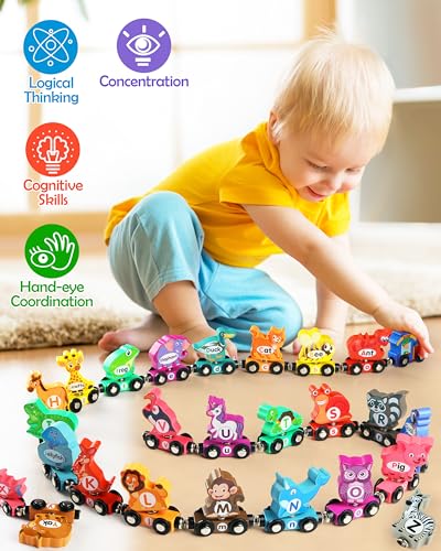 Vanmor 만 3-5세 유아용 나무 알파벳 기차 세트, 자석 동물 ABC 기차, 대문자 및 소문자 매칭, 몬테소리 파닉스 학습 장난감, 유치원 및 유치원 남아 여아용 - style: 동물 기차