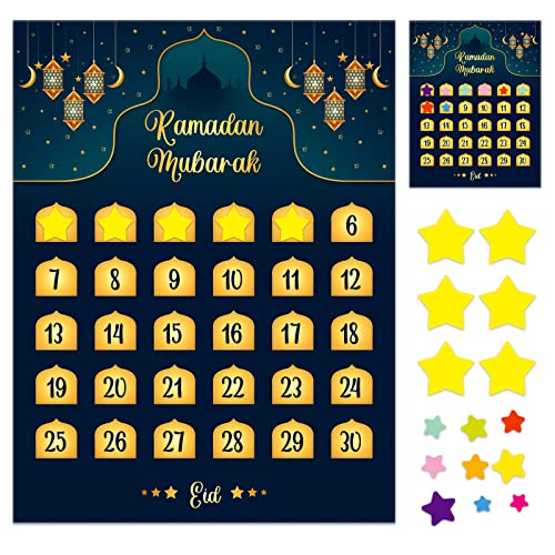 FaCraft Ramadan Calendar 2024 Eid Mubarak Countdown Calendar 26"x 20" Ramadan Advent Calendar Posters Eid Gifts for Kids Eid Mubarak Decorations for Home Wall with 36 Star Stickers