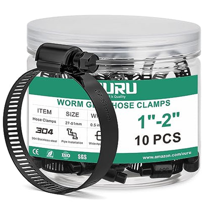 OURU 10PCS 1"–2" Black Hose Clamp,Adjustable 27-51mm Small Hose Clamps Stainless Steel,Metal Worm Gear Hose Clamps for Automotive,Plumbing,Intercooler,Pipe,Fuel Line Radiator Clamps - size: 10PCS (1" - 2")