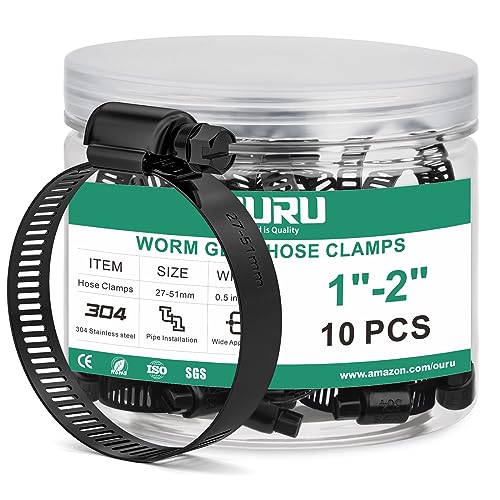 OURU 10PCS Black Hose Clamp Stainless Steel Adjustable 1"–2"(27-51mm) | Heavy Duty, Rust Resistant, Worm Gear Small Hose Clamp， Automotive, Pipe, Radiator Plumbing, Fuel Line - size: 10PCS (1" - 2")