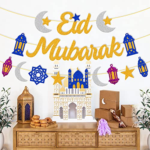 Eid Mubarak Banner Star Moon Lantern Castle Theme Party Supplies for Muslim Islamic Eid Al-fitr Festival Celebration Party Decorations （Gold）