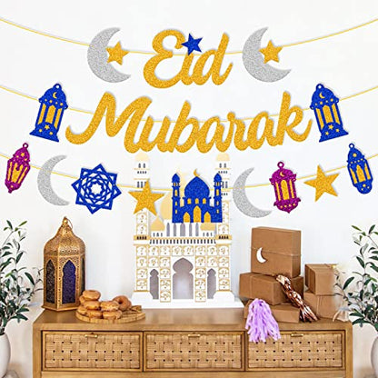 Eid Mubarak Banner Star Moon Lantern Castle Theme Party Supplies for Muslim Islamic Eid Al-fitr Festival Celebration Party Decorations （Gold）