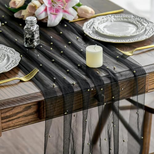 Artoid Mode Pearl Black Gauze Table Runner 10FT Home Decor - color: Black, size: 28" x 120"