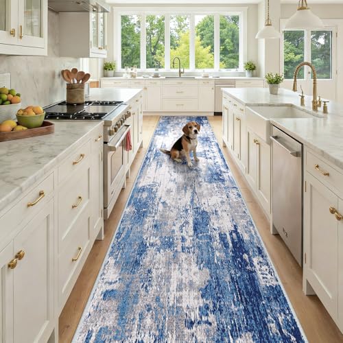 RELEANY Washable Runner 3'x12' Abstract Area Rug for Hallway Blue Gray - color: Blue/Gray, size: 3' x 12' (Runner)