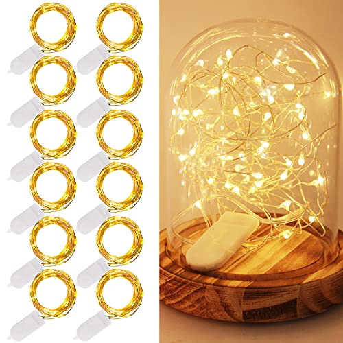 WATERGLIDE 12 Pack Fairy Lights Battery Operated (Included), 7 ft 20 LED Mini String Lights, Waterproof Silver Wire Firefly Starry Lights for DIY Wedding Christmas Party Mason Jars Decor, Warm White - color: Warm White