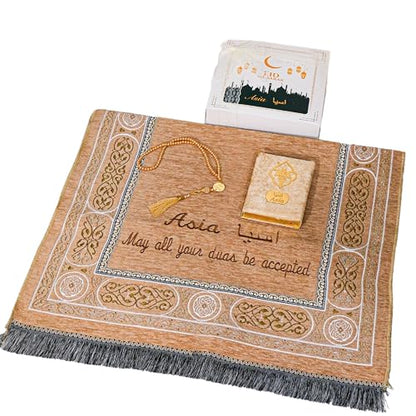 IEF Personalized Embroidered Prayer Rug Prayer Beads Yaseen Dua Book Quran Islamic Gift Set Ramadan Eid Hajj Umrah Wedding Birthday Mother's Day Father's Day Valentine's Day Gifts (Gold) - color: Gold