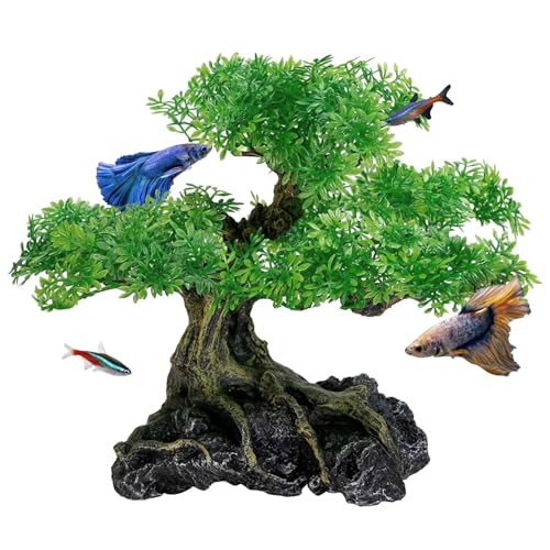 Aquarium Bonsai Tree Plant Fish Tank Decorations Medium/Large Resin Plastic Artificial Plants Flower Ornament Beta Goldfish Decoration Ornaments Freshwater & Saltwater Décor - color: Bonsai Tree Green