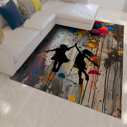 Colorful Graffiti Machine Washable Rug 5'3''x8' - Girl with Balloons Non Slip Living Room Carpet Street Art Rug for Office Dining Room - size: 5'3''x8'