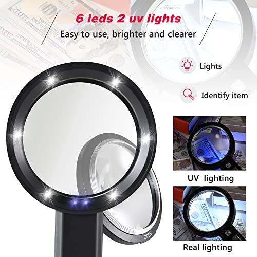 Magnifying Glass with Light, USB Rechargeable 5X 10X 15X Handheld Magnifying Glass Double Lens Magnifier 8 Light for Reading Small Prints, Seniors Reading, Books, Map, Coins - style: 5X 10X 15X-3.3in