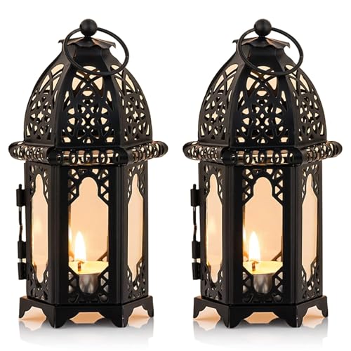 NUPTIO Moroccan Style Candle Lantern, Tealight Candle Holder with Glass - color: Black, size: 2 Pcs Small Size