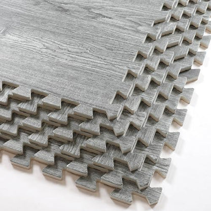 100 Sq. Ft 3/8 Inch Thick Printed Foam Tiles Interlocking Foam Mat, (24" x 24", 25 pcs), Natural Gray Wood Grain Style, Protective Flooring for Home, Exercise or Trade Show - color: Natural Gray