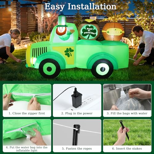 Lewondr 7.87FT St Patricks Day Inflatable Outdoor Decorations, Inflatable Leprechaun Drive a Car with Shamrocks, Blow up Yard Decoration with 11 Build-in Lights for Holiday Party Yard Lawn Garden - style: Green Car