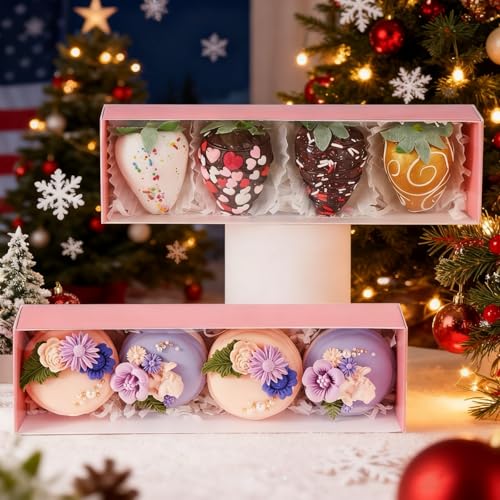 25Pack Pink Chocolate Covered Strawberry Box for 4, Macaron boxes, Long Treat Box for Truffles, Cookies, Ores, Chocolate Cocoa Bombs&Cake Ball Bakery Packaging Supplies - color: Pink