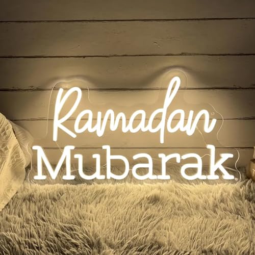 Ramadan Mubarak Neon Sign 25inches LED Eid Mubarak Ramadan Kareem Banner Neon Light Up Signs Wall Decor for Bedroom Festival Yard Party Ramadan Gift - color: Warm White, size: 25X13.5in