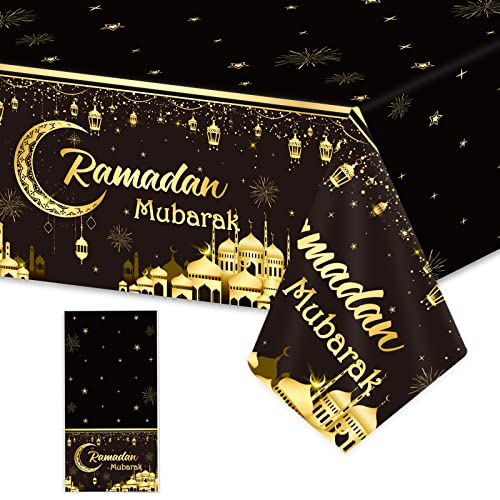 1PC Ramadan Mubarak Tablecloths Eid Mubarak Table Decorations Ramadan Kareem Party Supplies Black and Golden Rectangle Table Cover for Eid Al-fitr Party Favors - style: Ramadan Black and Gold