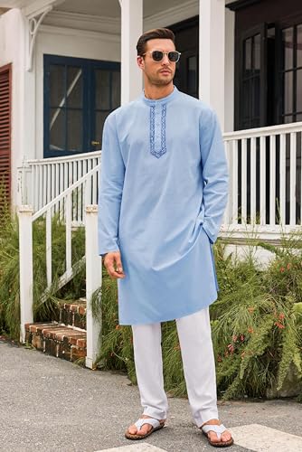 Runcati Mens Kaftan Thobe Button Down Casual Henley Shirts Long Sleeve Robe Cotton Linen Muslim Gown Shirt - color: Sky Blue, size: X-Large