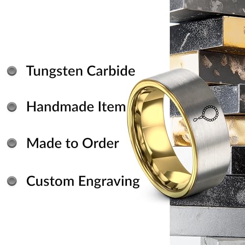Tasbih Prayer Beads Ring - Gift for Muslim - Tungsten Carbide - Band - Black Yellow Gold Silver - Flat Dome Bevel - Men Women - Personalized Custom Engraving - 8mm - Anniversary Engagement Wedding - color: 14 - Yellow Gold Grey Tungsten