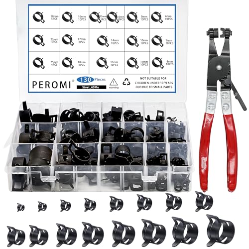 130Pcs 6-25mm Spring Band Hose Clamps With Swivel Flat Hose Clamp Plier Assortment Kit, Constant Tension Steel Clamps for Fuel Lines, Silicone, Vacuum Hoses & Low-Pressure Air Clips - size: 130pcs with Plier