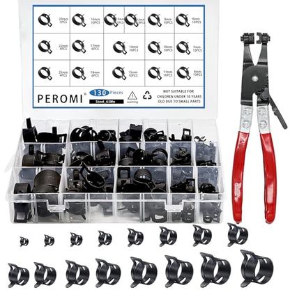 130Pcs 6-25mm Spring Band Hose Clamps With Swivel Flat Hose Clamp Plier Assortment Kit, Constant Tension Steel Clamps for Fuel Lines, Silicone, Vacuum Hoses & Low-Pressure Air Clips - size: 130pcs with Plier