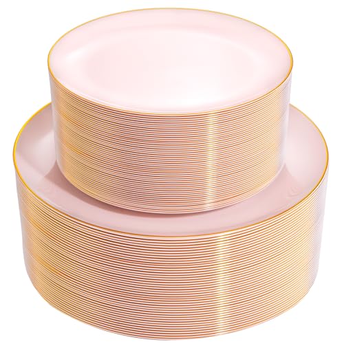 PULOTE 100PCS Pink Plastic Plates - Heavy Duty Pink and Gold Disposable for Party, Wedding, Mother's Day Include 50 Each (Dinner & Dessert) Plates - color: Pink