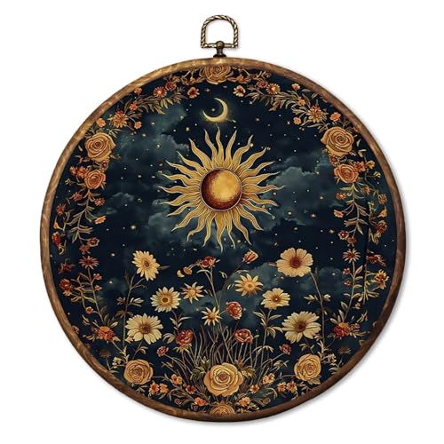 HUGANE Vintage Celestial Floral Sun Moon Round Wall Art Decor, Boho Mystical Dark Cottagecore Botanical Hanging Canvas Framed Prints Wall Sculptures for Home Bedroom Living Room Decor, 10x10 Inch - color: Colour-02
