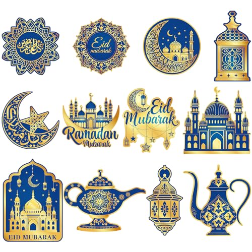 Large 11"x14" Eid Mubarak Cutouts Decorations Cardboard Cutout Set of 12, Ramadan Cutouts Wall Door Windows Decor, Muslim Islamic Mosque Castle Paper Cut Outs Decoration (Blue Gold) - color: Blue Gold