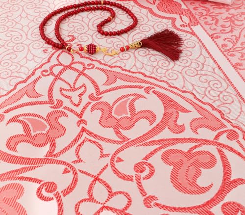 Prien Muslim Prayer Rug with Tasbih and Portable Bag, Muslim Gift for Women Men, Mubarak Islamic Box, Soft Mat Islam Gifts Set, Turkish Sajadah for Ramadan, Eid, Hajj, Travel, Pray (Red) - color: Red