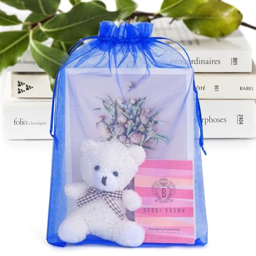 ANZNKU 100 Pcs Large Organza Bags 8x12, Small Mesh Gift Bag Drawstring Bulk - color: Royal Blue