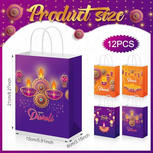 Kolldenn 12 Happy Diwali Treat Bags with Handle - Festival of Lights Gift Bags for Indian Diwali Party Decor