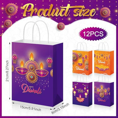 Kolldenn 12 Happy Diwali Treat Bags with Handle - Festival of Lights Gift Bags for Indian Diwali Party Decor