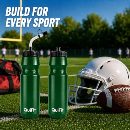 QuiFit Hockey Water Bottle with Long Straw -32oz Lacrosse Water Bottle 2 Pack with 2 Lids Each- BPA Free Squeeze Sports Water Bottles, Leakproof Dishwasher Safe- for Helmet,Lacrosse (Green) - color: Green