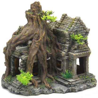 Resin Fish Tank Decoration, 9.1 in Large Aquarium Decoration, Fish Hiding Cave with Ancient Stone Texture, Aquarium Tree Root Ornament, Safe for Salt & Freshwater Fish Tank