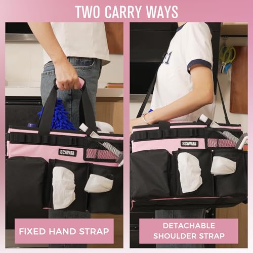 SCAVATA Wearable Cleaning Caddy Bag, Cleaning Caddy Supplies Organizer with Handle & Shoulder Straps for Housekeepers, Under Sink & Car Cleaning Tool Organizers with 4 Foldable Divider (SweetPink) - color: SweetPink