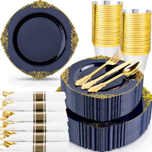 Nervure 350Pcs Blue Plastic Plates, Disposable Dinnerware Set for 50 Guests - color: Navy Blue and Gold