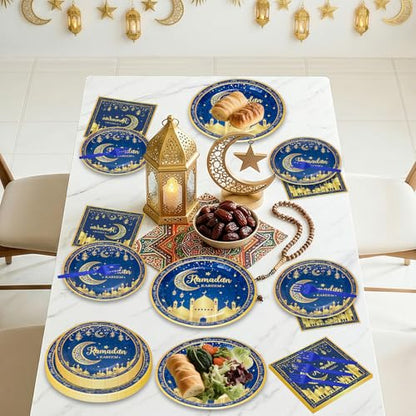 96 Pcs Ramadan Plates and Napkins Forks Sets - Blue Gold Eid Mubarak Themed Round Tableware, Disposable KAREEM Paper Plates Napkins Kit for Ramadan Party Supplies Favors Table Decorations, Serves 24 - style: Ramadan