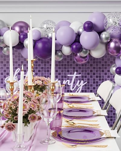 Nervure 175PCS Clear Purple Plastic Plates - Purple Party Plates Set for 25 Guests Include 25Dinner Plate, 25Dessert Plate, 25Cups, 75 Cutlery, 25Napkins Perfect for Wedding, Party & Bridal - color: Transparent Purple, style: 175Pcs(25Guests)